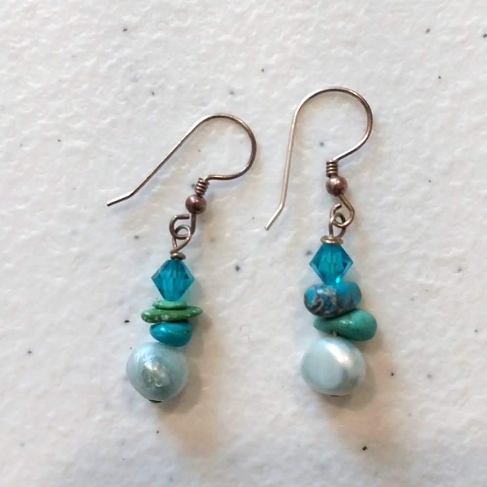 Artisan sterling  turquoise pearl crystal earrings new